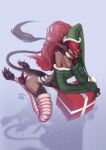  2019 brown_body butt christmas christmas_clothing christmas_headwear clothed clothing demon eyeless female flat_chested gift hair headgear headwear hi_res holidays legwear lilting_(dreamsinscareden) off_shoulder open_mouth ponytail poofy_hair red_hair shermugi slim smile stockings succubus sweater tail_tuft talons topwear tuft 