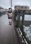  1girl brown_hair car chain-link_fence cloud cloudy_sky fence ground_vehicle house jacket looking_to_the_side motor_vehicle original outdoors photo_background pleated_skirt power_lines road sakeharasu scenery school_uniform short_hair sidelocks skirt sky snow solo street transparent transparent_umbrella umbrella utility_pole walking winter 