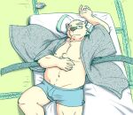  2021 anthro ball_bulge bed bulge clothed clothing erection erection_under_clothing fur furniture hi_res humanoid_hands kemono knn8150_ysd leib_(tas) lying male mammal one_eye_closed pillow polar_bear robe slightly_chubby solo tokyo_afterschool_summoners underwear ursid ursine video_games white_body white_fur wink 