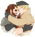  2boys beard beret black_gloves blonde_hair blue_eyes brown_hair coat eyepatch facial_hair fingerless_gloves from_side gloves hat hug katou_setsuko kazuhira_miller long_sleeves looking_at_another male_focus mechanical_arm metal_gear_(series) metal_gear_solid_v multiple_boys parted_lips ponytail prosthesis prosthetic_arm scar scar_on_cheek scar_on_face scar_on_nose short_hair simple_background smile stubble sunglasses venom_snake white_background yaoi 