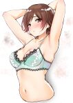  1girl absurdres aqua_bra armpits arms_behind_head arms_up bangs bare_arms bare_shoulders blush bra breasts brown_eyes brown_hair closed_mouth collarbone commentary cropped_torso eyebrows_visible_through_hair highres honda_mio idolmaster idolmaster_cinderella_girls lace-trimmed_bra lace_trim looking_at_viewer looking_to_the_side medium_breasts murabito_c navel shiny shiny_hair short_hair sideways_glance solo stomach strap_gap sweatdrop underwear underwear_only upper_body white_background 