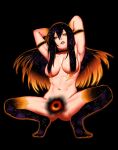  1girl armpits arms_behind_head arms_up black_background black_choker black_hair black_hole black_sclera blackhole-chan breasts breasts_apart cessa choker colored_sclera convenient_leg gradient_hair large_breasts long_hair looking_at_viewer m87_black_hole multicolored_hair nude orange_hair original parted_lips simple_background solo thighhighs 