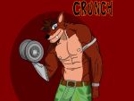  4:3 activision anthro bandicoot blue_eyes bruce_the_dino clothing crash_bandicoot_(series) crunch_bandicoot male mammal marsupial muscular muscular_anthro muscular_male nipples solo video_games 