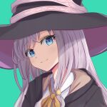  1girl bangs black_headwear blue_eyes blush collared_shirt elaina_(majo_no_tabitabi) eyebrows_visible_through_hair green_background hat long_hair looking_at_viewer majo_no_tabitabi nekonosuke ribbon shirt silver_hair simple_background smile solo white_shirt witch witch_hat 