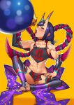  1girl abs bangs bare_shoulders biceps blunt_bangs cessa chinese_clothes dudou english_commentary eyeliner fate/grand_order fate_(series) highres horns knee_up makeup oni oni_horns open_mouth pelvic_curtain purple_hair rope short_hair shuten_douji_(fate/grand_order) sitting skin-covered_horns solo tongue tongue_out yellow_background 