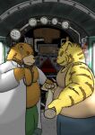  2021 absurd_res anthro bananapandx belly bottomwear brown_body brown_fur clothing cooking detailed_background duo felid food fur hi_res humanoid_hands inside kemono male mammal medical_instrument overweight overweight_male pantherine pants pizza scientific_instrument shirt tiger topwear ursid 