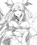  1girl bangs bare_shoulders belt breasts buttons choker cleavage cleavage_cutout clothing_cutout collarbone dizzy_(guilty_gear) eyelashes guilty_gear guilty_gear_xrd hair_between_eyes hair_ribbon hair_rings large_breasts lips looking_at_viewer monochrome open_mouth re_(re_09) ribbon sketch solo twintails upper_body wings 