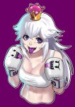  1girl abs blue_eyes boxing_gloves cessa commission cropped_torso english_commentary hands_up long_hair looking_at_viewer mario_(series) open_mouth outline princess_king_boo purple_background sharp_teeth simple_background smile solo sports_bra super_crown teeth tongue tongue_out white_hair white_outline white_sports_bra 