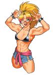  1girl abs arms_up bangs biceps blonde_hair blue_shorts borrowed_character bracelet breasts breasts_apart cessa cowboy_shot cropped_legs double_w glasses gradient_hair green_eyes hands_up highres jewelry long_hair looking_at_viewer medium_breasts multicolored_hair muscular muscular_female one_eye_closed open_mouth original parted_bangs pink_hair ponytail red-framed_eyewear shorts simple_background smile solo spiked_bracelet spikes w white_background 