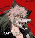  1girl absurdres animal_ears arknights artist_name black_jacket character_name collarbone deatiose fangs hair_between_eyes highres jacket lappland_(arknights) long_hair looking_at_viewer open_mouth portrait red_background silver_hair simple_background smile solo wolf_ears wolf_mask yellow_eyes 