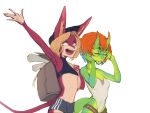  2019 backpack bodysuit bottomwear bra clothed clothing drunga_(shermugi) duo eyes_closed eyewear female gesture glasses green_body green_eyes gym_bottomwear gym_clothing gym_shorts hair horn inner_ear_fluff looking_down multicolored_body orange_hair red_body reptile scalie shermugi shorts sketch skinsuit smile snake sneiky_(shermugi) sports_bra tan_body tight_clothing tuft two_tone_body underwear waving 