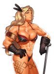  1girl abs amazon_(dragon&#039;s_crown) armlet armor biceps bikini_armor black_gloves blonde_hair breasts cessa cleavage commission cowboy_shot dragon&#039;s_crown gloves hand_on_hip large_breasts long_hair muscular muscular_female simple_background solo white_background 
