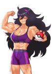  1girl abs absurdres ahoge alternate_costume biceps big_hair black_hair breasts cessa cleavage commission hair_between_eyes hairband hex_maniac_(pokemon) highres holding holding_poke_ball large_breasts long_hair looking_at_viewer muscular muscular_female parted_lips pink_eyes poke_ball poke_ball_(basic) pokemon pokemon_(game) pokemon_xy purple_hairband purple_shorts purple_sports_bra shadow shorts simple_background solo sports_bra very_long_hair white_background 