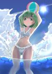  absurdres armpits arms_up blue_hair breasts cloud collarbone efu_(ehutan) green_hair hair_ornament hairclip highres lens_flare looking_at_viewer magia_record:_mahou_shoujo_madoka_magica_gaiden mahou_shoujo_madoka_magica natsume_kako navel short_hair sky small_breasts smile sun swimsuit water 