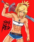  1girl abs bangs bare_shoulders belt biceps blonde_hair blue_shorts breasts brown_belt cessa character_name clarent cowboy_shot fate/apocrypha fate_(series) green_eyes hair_ornament hair_scrunchie holding holding_sword holding_weapon jewelry long_hair mordred_(fate) mordred_(fate)_(all) muscular muscular_female necklace parted_bangs ponytail red_background red_scrunchie scrunchie shorts simple_background small_breasts solo strapless sword tubetop veins weapon 