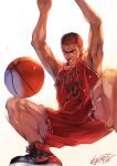  1boy absurdres ball basketball basketball_uniform commentary_request from_below grin highres jumping male_focus muscular nike red_hair sakuragi_hanamichi shorts signature simple_background slam_dunk smile solo sportswear sweat white_background yj_nakayama 