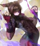  1girl absurdres aekutie bangs black_hair blunt_bangs bodysuit breasts covered_nipples drill_hair eyepatch fighting_stance fingerless_gloves gloves han_juri highres medium_breasts medium_hair nail_polish purple_eyes skin_tight solo street_fighter street_fighter_v toned twin_drills 