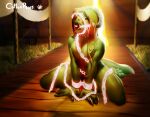  anthro bdsm big_butt blonde_hair bondage bound butt chain cotton_paws_(artist) digital_media_(artwork) female green_body green_scales hair hi_res horn kneeling kobold nude nusimee red_eyes reptile scales scalie solo submissive thick_thighs tongue wide_hips 