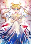  1girl bishoujo_senshi_sailor_moon blonde_hair blue_eyes collarbone commentary_request crescent double_bun dress earrings facial_mark flower forehead_mark hair_ornament highres jewelry long_hair princess_serenity ribbon sailor_moon solo tsukino_usagi twintails white_dress yj_nakayama 