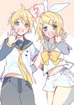  black_collar blonde_hair blush bow brother_and_sister collar detached_sleeves eyebrows_visible_through_hair fang fortissimo green_eyes grey_collar hair_bow hand_on_another&#039;s_back headphones hinata_(princess_apple) kagamine_len kagamine_len_(vocaloid4) kagamine_rin kagamine_rin_(vocaloid4) leg_warmers looking_at_viewer midriff midriff_peek navel necktie open_mouth pale_skin piano_print sailor_collar shirt shorts siblings sketch skin_fang sleeveless sleeveless_shirt smile twins v4x vocaloid waving_arm yellow_neckwear 