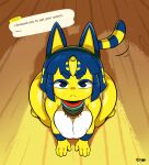  2021 animal_crossing ankha_(animal_crossing) anthro big_breasts blue_eyes blue_hair breasts clothing covered_breasts dialogue digital_media_(artwork) domestic_cat english_text felid feline felis female hair hi_res joaoppereiraus kneeling looking_at_viewer mammal nintendo pouting short_hair signature solo striped_tail stripes talking_to_viewer text thick_thighs uraeus video_games 
