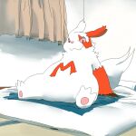  1:1 2014 anthro bed belly cute_fangs fur furniture inside kemono kuriusagi nintendo pillow pok&eacute;mon pok&eacute;mon_(species) red_body red_fur sitting slightly_chubby video_games white_body white_fur zangoose 