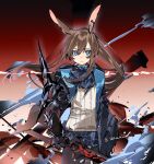 1girl amiya_(arknights) animal_ears arknights bangs black_jacket black_legwear blue_eyes blue_neckwear blue_skirt brown_hair bunny_ears closed_mouth clothes_writing commentary_request cowboy_shot cravat hair_between_eyes highres holding holding_sword holding_weapon ierotak infection_monitor_(arknights) jacket jewelry long_hair long_sleeves neck_ring open_clothes open_jacket pantyhose plaid plaid_skirt sidelocks skirt solo sweater sword twitter_username weapon 