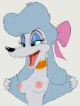  anthro areola billboi bow breasts canid canine canis disney domestic_dog eyeliner fangs female flashing_breasts georgette_(disney) green_eyes makeup mammal nipples oliver_and_company open_mouth poodle presenting simple_background solo teeth 