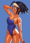  1girl arm_up arung_samudra_(cessa) black_hair blue_background blue_swimsuit breasts cessa cleavage cowboy_shot dark_skin dark_skinned_female goggles highleg highleg_swimsuit medium_breasts ombok_diving_and_delivery_services one-piece_swimsuit profile short_hair sideboob simple_background smile solo swimsuit 