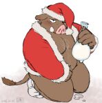  2015 anthro belly blush bodily_fluids brown_body brown_fur christmas christmas_clothing christmas_headwear clothing condom cum filled_condom fur genital_fluids hat headgear headwear holidays humanoid_hands kemono kuriusagi male mammal moobs navel overweight overweight_male santa_hat sexual_barrier_device simple_background suid suina sus_(pig) white_background wild_boar 