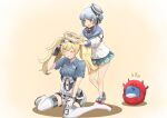  2girls abyssal_ship aqua_neckwear aqua_skirt beige_background black_ribbon blonde_hair blue_hair blue_sailor_collar blue_shirt breast_pocket breasts brown_eyes closed_eyes collared_shirt commentary_request dixie_cup_hat double_bun enemy_lifebuoy_(kantai_collection) full_body gambier_bay_(kantai_collection) gloves hairband hat hat_ribbon head_wreath highres kantai_collection large_breasts little_blue_whale_(kantai_collection) long_sleeves military_hat miniskirt multicolored multicolored_clothes multicolored_gloves multiple_girls neckerchief pleated_skirt pocket ribbon sailor_collar samuel_b._roberts_(kantai_collection) school_uniform serafuku shirt short_hair simple_background skirt sleeve_cuffs thighhighs tiger_(tiger-kimu) twintails whale white_headwear white_legwear white_shirt 