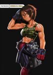  1girl arm_up black_background brown_hair camouflage_tank_top cessa cowboy_shot english_commentary gloves justice_gakuen kazama_akira looking_at_viewer short_hair simple_background solo street_fighter street_fighter_v tank_top watermark web_address 