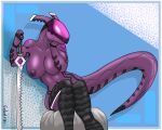  anthro big_breasts breast_squish breasts cyber_dragon cybernetic_arm cybernetic_limb cybernetics dragon exposed_breasts female gabriel1393 kayla_(phoenix777) machine melee_weapon nipples non-mammal_breasts purple_body purple_skin sitting solo squish sword visor weapon wide_hips 