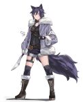  1girl animal_ears boots coat colored_skin dark_blue_hair fingerless_gloves gloves high_heel_boots high_heels highres hun_yan kneehighs knife kukri original purple_eyes short_hair short_shorts shorts simple_background standing tail thigh_strap weapon white_background white_skin winter_clothes 