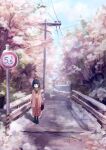  1girl bag black_hair bridge enokitake handbag japanese_clothes kimono original outdoors road road_sign short_hair sign snow solo standing street tree utility_pole winter yukata 