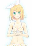  1girl bikini blonde_hair bow collarbone green_eyes hair_bow hair_ornament hairclip hands_together head_tilt hinata_(princess_apple) kagamine_rin looking_at_viewer midriff navel polka_dot polka_dot_bikini short_hair sketch smile solo swimsuit vocaloid yellow_nails 