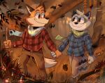  2021 aiden_harris anthro autumn black_nose bottomwear canid canine closet_coon clothing colin_young detailed_background duo fox fur grey_body grey_fur hand_holding hi_res humanoid_hands male male/male mammal outside pants plant procyonid raccoon scarf shirt srfennec topwear tree 