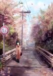  1girl bag black_hair bridge enokitake handbag japanese_clothes kimono original outdoors road road_sign short_hair sign solo standing street tree utility_pole yukata 