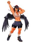  1girl abs armpits arms_up biceps black_eyes black_footwear black_hair black_shorts black_skirt black_wings breasts cessa cleavage clenched_hands feathered_wings full_body hair_between_eyes hat medium_breasts medium_hair midriff muscular muscular_female navel open_mouth pleated_skirt red_headwear shameimaru_aya shirt shoes shorts simple_background skirt sleeveless sleeveless_shirt smile socks solo standing tokin_hat touhou white_background white_shirt wings 