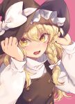  1girl bangs black_headwear black_vest blonde_hair blush bow braid commentary_request hair_bow hands_on_headwear hands_up hat hat_bow kirisame_marisa long_hair long_sleeves looking_at_viewer open_mouth pink_background shirt simple_background single_braid solo tomobe_kinuko touhou upper_body vest white_bow white_shirt witch_hat yellow_eyes 
