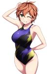  1girl arm_behind_back black_swimsuit brown_hair commentary_request competition_swimsuit cowboy_shot green_eyes grin idolmaster idolmaster_cinderella_girls looking_at_viewer one-piece_swimsuit pataneet short_hair simple_background smile solo standing swimsuit white_background yoshioka_saki 