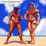  2girls abs animal_ears ball beach biceps bikini blue_sky boku_no_hero_academia bunny_ears cessa cloud cloudy_sky dark_skin dark_skinned_female dorohedoro full_body grey_hair hand_on_hip hat horizon long_hair mirko multiple_girls muscular muscular_female navel noi_(dorohedoro) outdoors red_bikini shadow sky standing swimsuit watermark web_address 