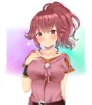  1girl absurdres anna_(fire_emblem) arm_up belt bracelet breasts eyebrows_visible_through_hair fire_emblem hand_on_own_chest heart highres jewelry large_breasts looking_at_viewer pink_shirt ponytail red_eyes red_hair shirt simple_background solo upper_body xxazumii 