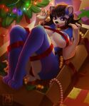  anthro areola big_breasts blue_body breasts camel_toe christmas christmas_tree clothed clothing collar female hi_res holidays looking_at_viewer lying mammal on_back piercing plant skimpy solo tongue tongue_out tongue_piercing tree yurai 