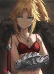 1girl bangs bare_shoulders blonde_hair bra braid breasts cleavage closed_mouth collarbone fate/apocrypha fate_(series) gauntlets green_eyes hair_ornament highres jewelry long_hair looking_at_viewer mordred_(fate) mordred_(fate)_(all) necklace parted_bangs red_bra red_scrunchie scrunchie small_breasts smile solo tonee underwear upper_body 