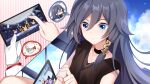  1girl bangs benghuai_xueyuan blue_eyes choker closed_mouth cloud eyebrows_visible_through_hair fu_hua gloves gou_lianlian_dogface hair_between_eyes hair_ornament highres holding honkai_(series) honkai_impact_3rd long_hair looking_at_object phone phone_screen playing playing_games sidelocks single_glove sky white_gloves 