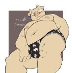  2019 anthro belly blush bulge clothing domestic_pig hi_res japanese_text kemono kuriusagi male mammal moobs navel nipples overweight overweight_anthro overweight_male simple_background solo suid suina sus_(pig) text underwear 