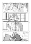  2020 anthro armpit_hair bed body_hair bottomwear brush brushing brushing_teeth clothing comic cuddling duo furniture hi_res hug humanoid_hands kemono kissing kuriusagi male male/male mammal monochrome pants pillow shirt sleeping slightly_chubby topwear ursid 