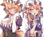  2girls :o animal_ear_fluff animal_ears arm_under_breasts bangs blonde_hair blush breasts cleavage closed_mouth corset cosplay costume_switch dress elbow_gloves eyebrows_visible_through_hair finger_to_mouth fox_ears furrowed_eyebrows gloves gokuu_(acoloredpencil) hair_between_eyes hair_over_shoulder hand_on_own_chest hat hat_ribbon highres large_breasts long_hair looking_at_viewer mob_cap multiple_girls pillow_hat puffy_short_sleeves puffy_sleeves purple_dress purple_eyes red_ribbon ribbon short_hair short_sleeves simple_background slit_pupils swept_bangs tabard tassel touhou upper_body white_background white_gloves white_headwear wide_sleeves yakumo_ran yakumo_ran_(cosplay) yakumo_yukari yakumo_yukari_(cosplay) yellow_eyes 
