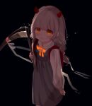  1girl bandages bangs black_background blood bloody_weapon blush bow bowtie child demon_girl demon_horns dress eyebrows_visible_through_hair flat_chest grey_hair highres holding holding_weapon horns long_hair looking_at_viewer open_mouth orange_bow orange_eyes orange_neckwear original parted_lips red_horns ribbon scythe sidelocks simple_background uniform weapon white_ribbon whitebc yandere 